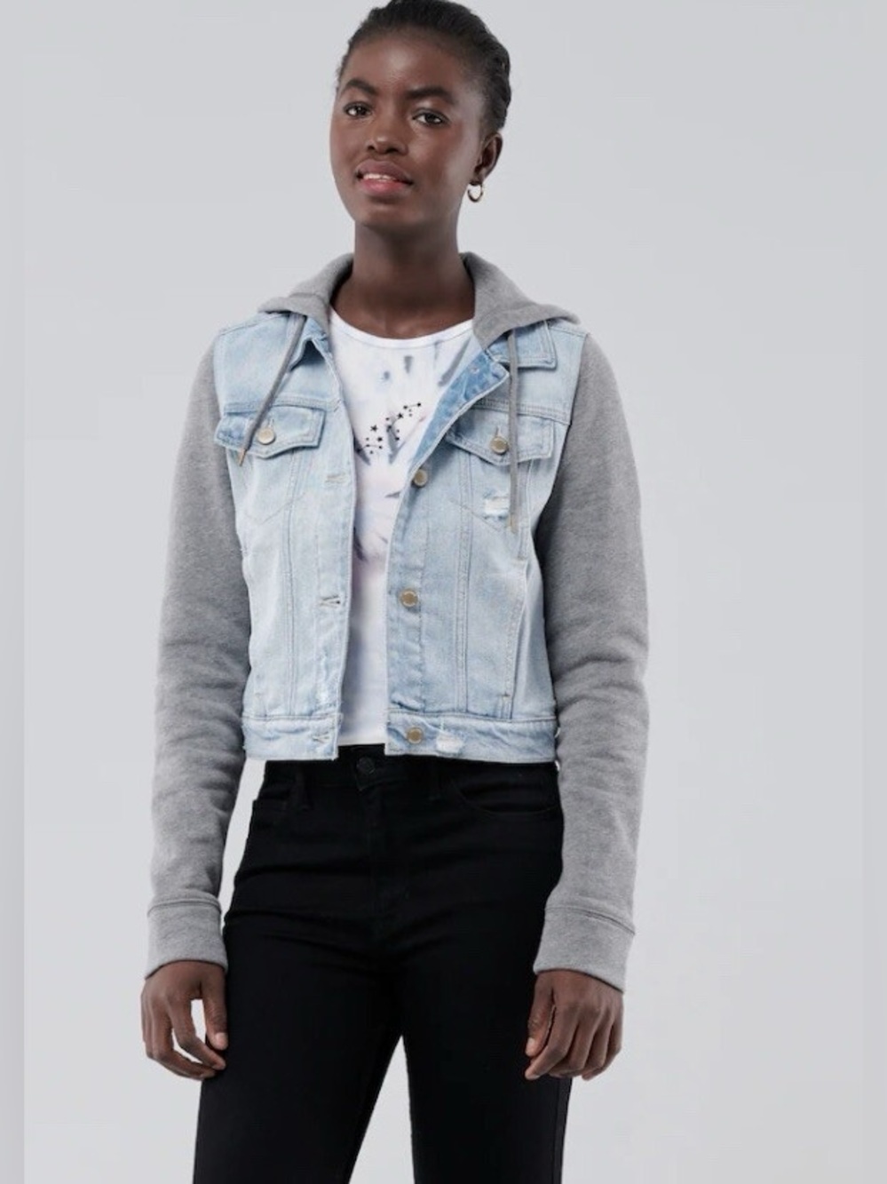 Hollister Cropped Denim Jacket - Sherpa Lined with Hood